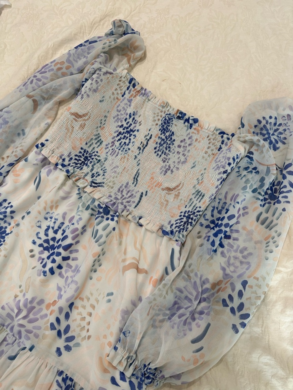 Aritzia Floral Smocked Midi Dress in Blue, Lavender, Peach